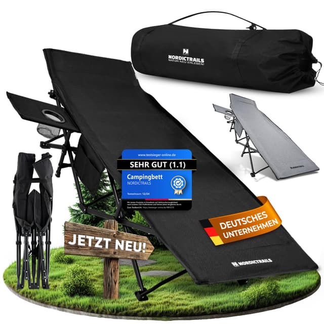 NORDICTRAILS Feldbett Campingbett klappbar - XXL gemütliche Campingliege | Faltbar, leicht & breit für Outdoor | Gästebett, Liege, Klappbett, Angelliege, Camping Karpfenliege mit superweicher Matratze Ohne Auflage Schwarz