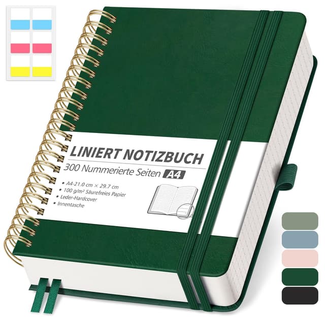 RETTACY Notizbuch A4 Liniert, Bullet Journal mit 100 g/m² Dickem Papier, 150 Blatt/300 Nummerierten Seiten, Collegeblock für Büro und Schule, Lederhülle, Dunkelgrün, 21 cm x 29.7 cm Dunkelgrün A4
