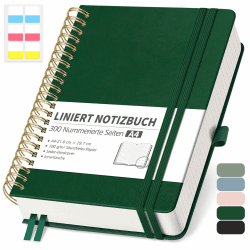 RETTACY Notizbuch A4 Liniert, Bullet Journal mit 100 g/m² Dickem Papier, 150 Blatt/300 Nummerierten Seiten, Collegeblock für Büro und Schule, Lederhülle, Dunkelgrün, 21 cm x 29.7 cm Dunkelgrün A4
