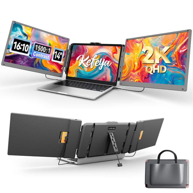 KEFEYA 2K Laptop Bildschirm Erweiterung 2160 x 1440P FHD, 14'' Laptop Monitor Erweiterung HDMI/USB-A/Type-C Triple Portable Monitor für Laptop Kompatibel 13"-17,3" Mac Window Chrome Tri 14"