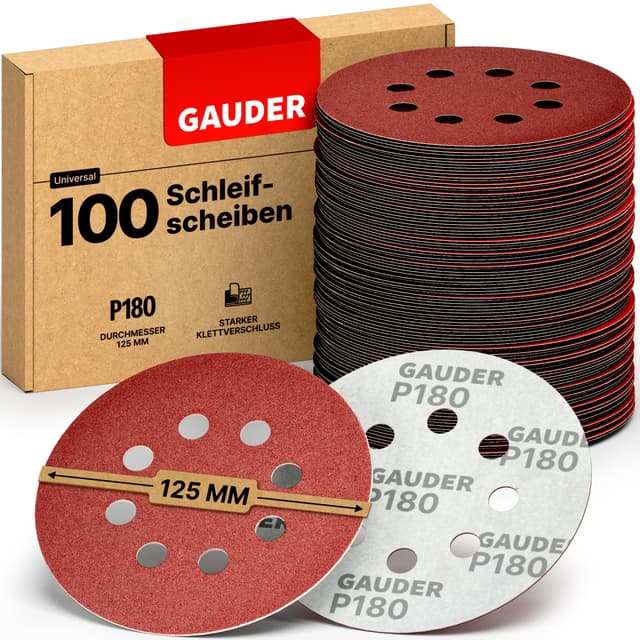 GAUDER Schleifscheiben für Exzenterschleifer Ø 125mm - Klett Schleifpapier 8 Loch - Schleifblätter rund für Holz, Metall und andere Materialien (P180 Körnung - 100 Stück) P180 100.0
