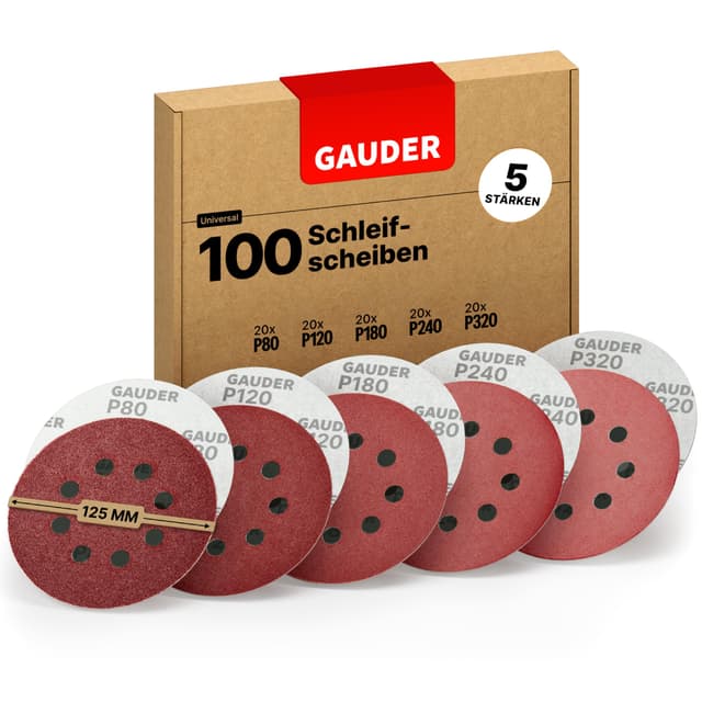 GAUDER Schleifscheiben Set für Exzenterschleifer Ø 125mm - Schleifpapier Klett - 8 Loch Schleifblätter rund - Schleifpads (100 Stück - je 20x 80/120/180/240/320 Körnung) Set P80-P320 100.0
