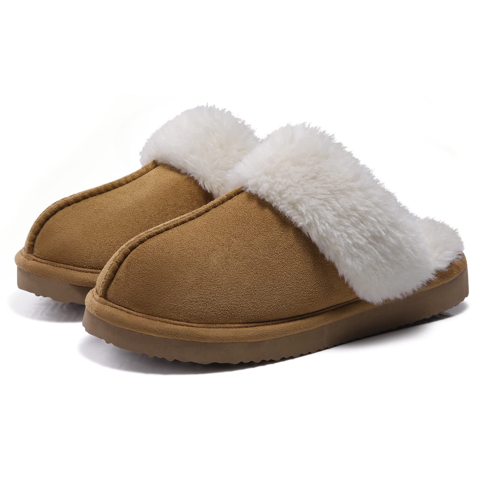 Litfun Damen Hausschuhe Winter Warme Plüsch Pantoletten Wildleder Memory-Schaum Slippers mit Kunstfellkragen Indoor Outdoor 38/38.5 EU Kastanie