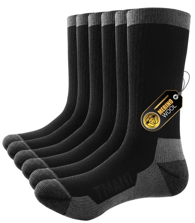 PULIOU Merino Socken Herren Damen Thermosocken Wandersocken Outdoor & Trekking-Socken, Anti-Blasen, Gepolstert Arbeitssocken Wintersocken 39-42 Schwarz*3
