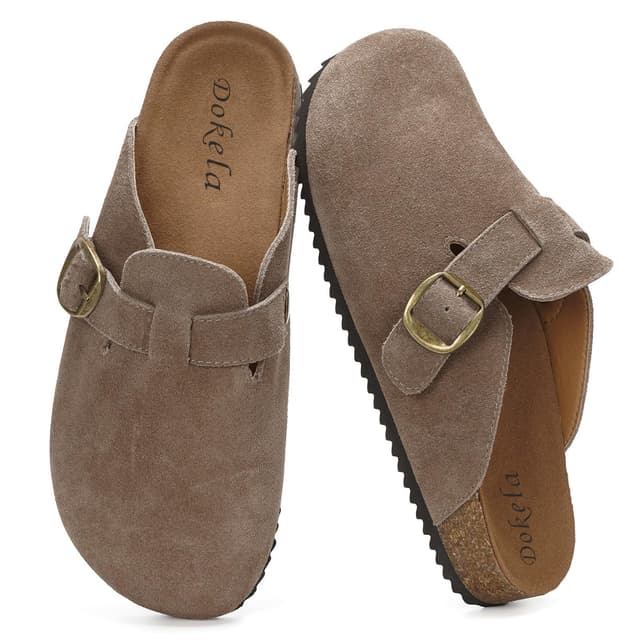 Dokela Clogs Pantoletten Herren Damen Leder Hausschuhe Kork-Fußbett Mules Bequeme Latschen Classic Geschlossene Schlappen 48 EU Dunkelbraun