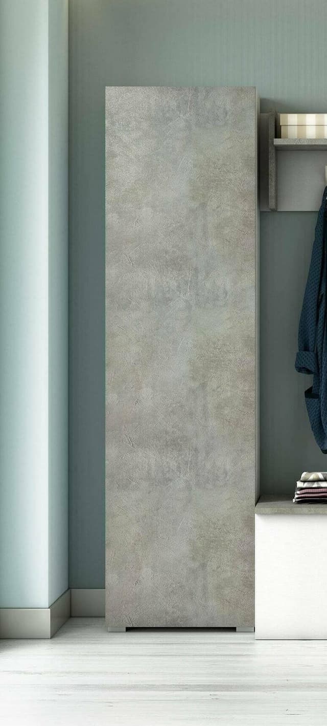 Dmora - Mehrzweckschrank 1 Tür Fiordaliso, linearer Schrank mit 1 Tür und 7 Regalen, Säule für Eingang oder Badezimmer, modernes Schuhregal, 100 % Made in Italy, 50 x 30 x 182 cm, Zement und Weiß Bianco E Cemento