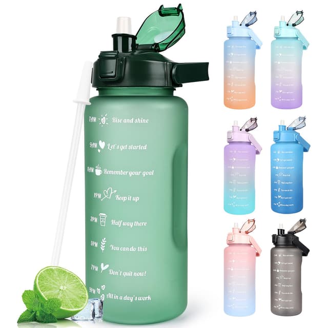 CodiCile 2L Trinkflasche BPA Free Sport Getränke Krug mit Zeitmarkierung & Lock Abdeckung, 2000ml Auslaufsichere Motivations Wasserflasche mit Strohhalm, Tragbarer Griff Rosa Trinkflasche 2l-mondlichtgrün