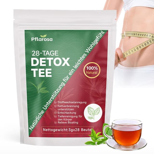 Detox Tee zum Abnehmen, 28 Stück abnehmentee entgiften, Bauchfett verbrennen, Reduziert Blähbauch, Natürliche Kräutermischung mit Oolong, Grünteeextrakt, Mate, Ginseng, Vegan, Allergenfrei Dunkelrot