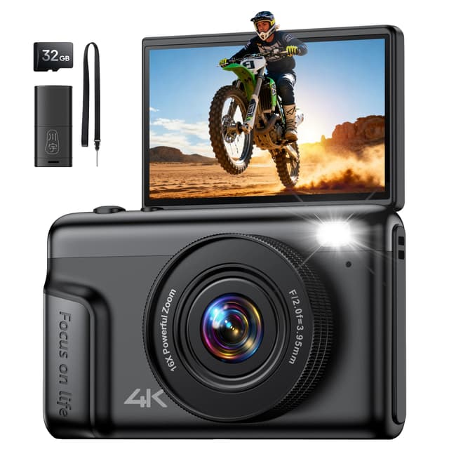 4K 64MP Digitalkamera Kamera Fotokamera: 16X Digital Zoom Kompaktkamera mit 2-Zoll IPS Klappdisplay Fotoapparat - Geschenk Ab 8-18 Jahre Teenager Kids Anfänger - Mini Retro Vlog Camera