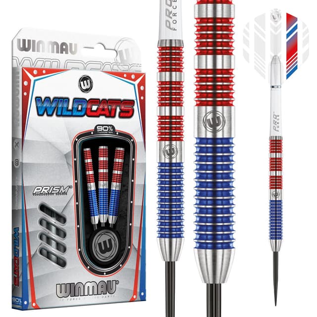 WINMAU Wildcats 90% Tungsten Darts Set mit Flights und Stielen (Schäfte) – Prismen-Technologie – Match Weighed Gewicht: 21 g