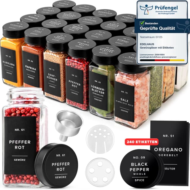 EDELHAUS Gewürzgläser Eckig Set mit Deckel (24 x 120ml) Gewürzstreuer mit Streueinsatz und 240 Etiketten Schwarz - Hochwertige Gewürzbehälter, Gewürzdosen, Gewürze organizer [10,7cm x 4,5cm] Schwarzer Deckel mit Etiketten