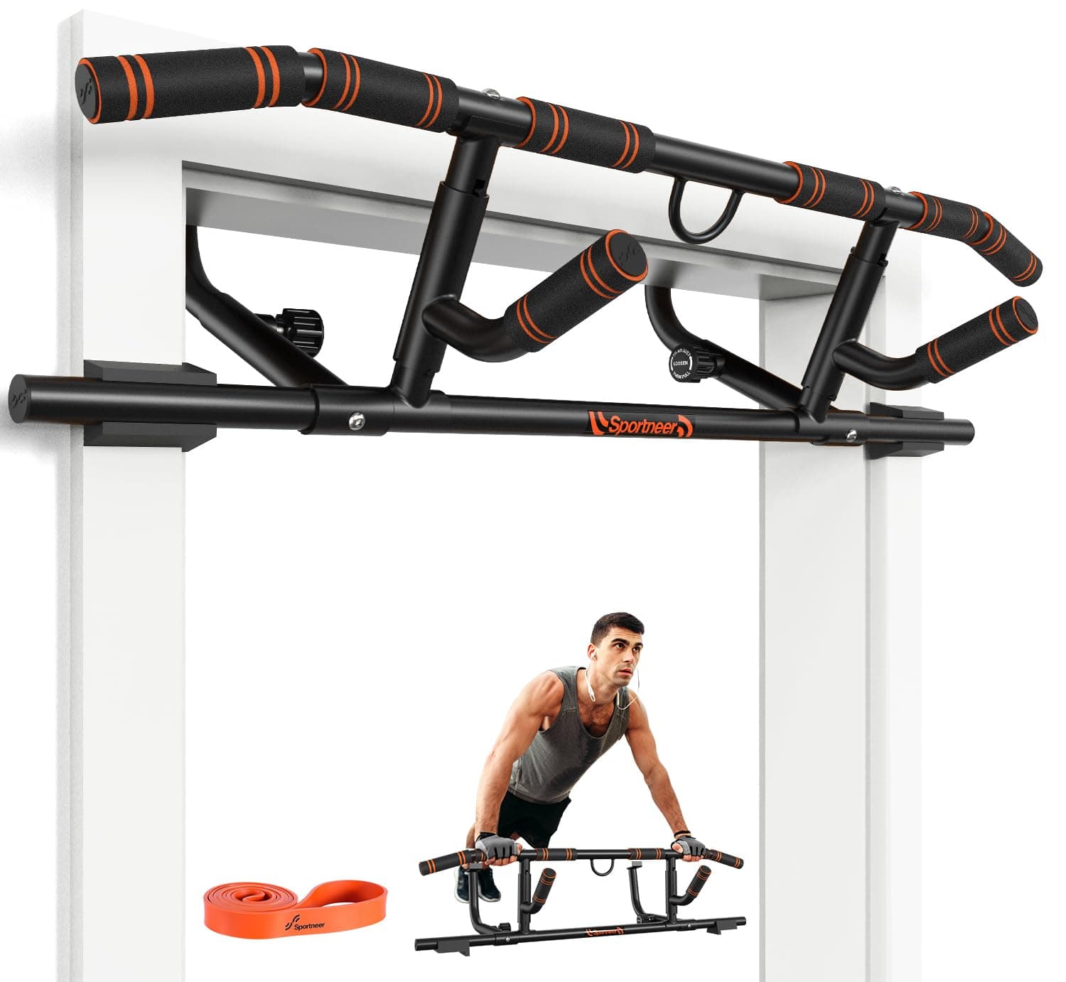 Sportneer Klimmzugstange für Türrahmen mit Klappgriff – Klimmzugstange mit Mehreren Griffen für den Türrahmen, Tragkraft 200 kg, Klimmzugstange für Krafttraining für Oberkörperfitness, Klimmzugstange Klimmzugstange Einhängen