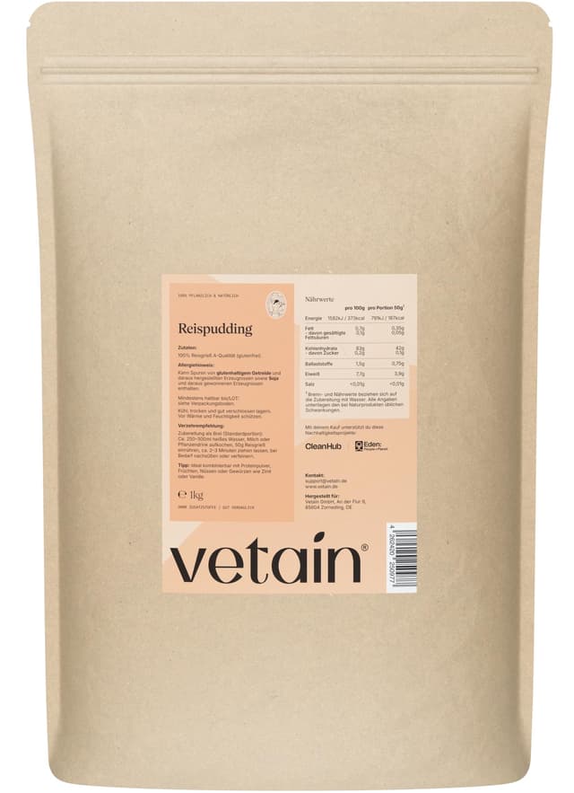 VETAIN Instant Reispudding 1kg - 100% Reisgrieß - 83g Kohlenhydrate pro 100g - geschmacksneutral - Rice Pudding ohne Zusatzstoffe & Zucker - vegan, gluten- & laktosefrei - produziert in Deutschland