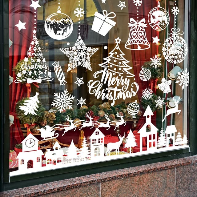 Alintor Fensterbilder Weihnachten, 250 Stk Weihnachtsdeko Innen, PVC Weihnachtsdeko Fenster, Fensterdeko Weihnachten Wiederverwendbar mit Häuser, Schneeflocken, Weihnachten deko