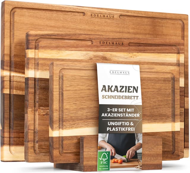 EDELHAUS Schneidebrett Holz 3er Set (40x30cm / 33x24cm / 26x18cm) Holzschneidebrett aus Massiver Akazie - 2cm dicke Holzbretter Küche mit Saftrille - Design Cutting Board Schneidbrett Set Schneidebrett 3er Set Akazienholz