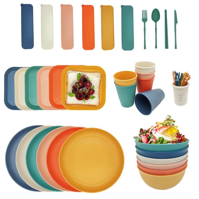 YEEBECA 67 Teiliges Camping Geschirr Set, für 6 Personen BPA-Freies, Das Outdoor Geschirr Set in 6 Farben Eignet Sich für Familienessen, Picknick und Camping Mehrfarbig
