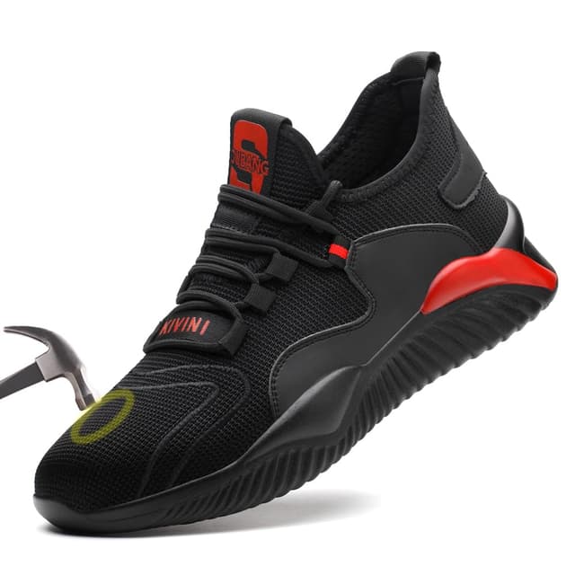 Woflebel Sicherheitsschuhe Arbeitsschuhe Herren Damen Stahlkappe Schutzschuhe Sneaker Atmungsaktiv 36-46 45 EU Schwarz Rot