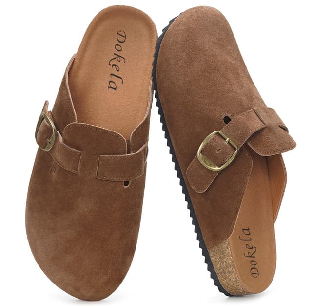 Dokela Clogs Pantoletten Herren Damen Leder Hausschuhe Kork-Fußbett Mules Bequeme Latschen Classic Geschlossene Schlappen 47 EU Tan