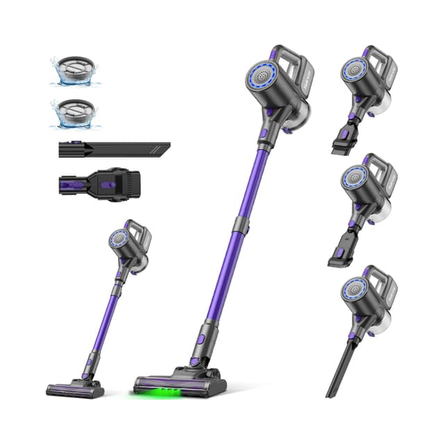 Suirviz Akku Staubsauger Kabellos, 40000Pa/500W/45Min Akkustaubsauger mit Selbststehender Funktion, Leichter Kabelloser Akkusauger mit grünem Licht für Hartböden, Teppiche, Tierhaare Lila