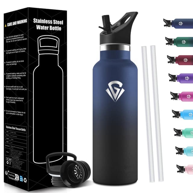 HoneyHolly Trinkflasche 750ML, BPA-Frei, Trinkflasche Edelstahl, Doppelwandig Vakuumisoliert, Wasserflasche Edelstahl, mit Strohhalm, Isolierflasche für Schule, Reisen, Joggen Isolierflasche Dunkelblau & Schwarz - 750ml 750 ml