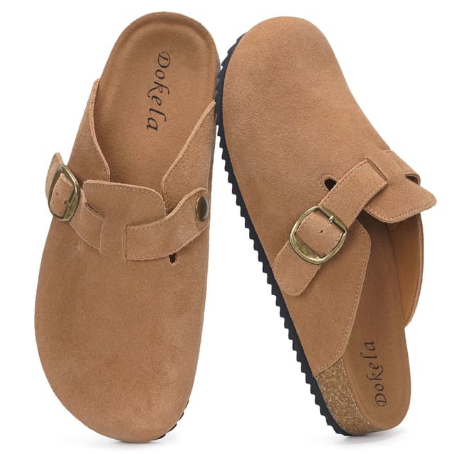 Dokela Clogs Pantoletten Herren Damen Leder Hausschuhe Kork-Fußbett Mules Bequeme Latschen Classic Geschlossene Schlappen 40 EU Hellbraun