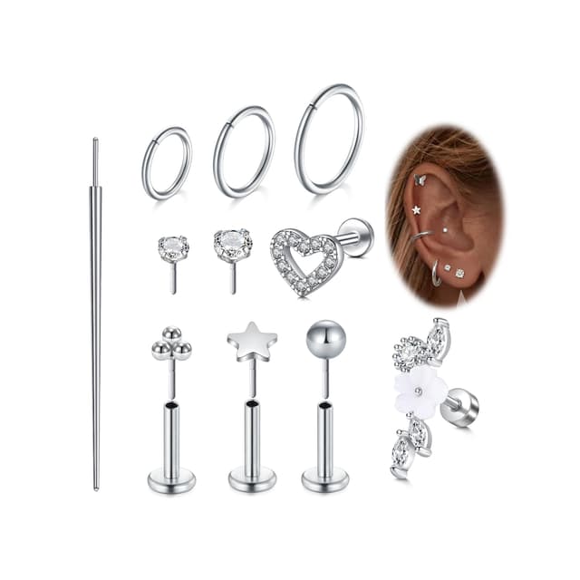 VFUN Push In Ohrstecker, 16G Flat Back Ohrringe, Hypoallergenic Threadless Stud Multi-Pack, Edelstahl-Ohrring-Sets, Push-In Knorpel Helix Tragus Piercing Nase Für Frauen A-Silver