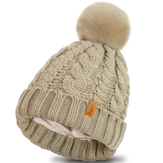 Donfri Mütze Damen Seiden Satin Beanie Wintermütze Damen Warme Winter Strickmütze Hat mit Bommel Geschenk Haferflocken Einheitsgröße