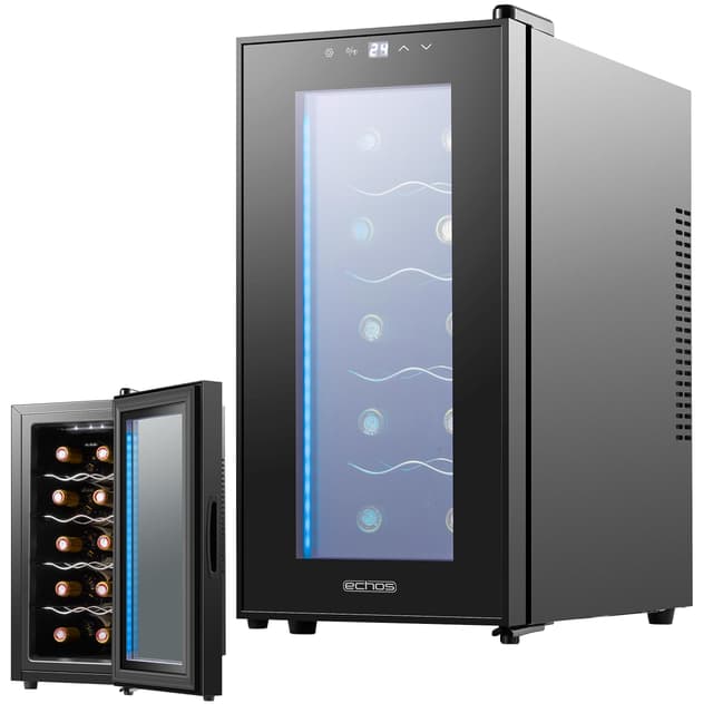 Echos Weinkühlschrank 10 Flaschen 28 Liter LED Beleuchtung Weinkühler Weinklimakühlschrank Mini Kühlschrank Wein Kühler Minibar mit Glastür