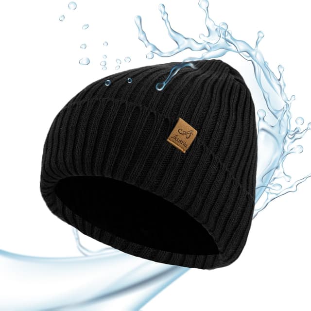 ACUSHLA Wasserdichte, winddichte Mütze mit Manschette – dicke Fleece-gefütterte Strickmütze für Damen und Herren, warme Uhrenkappe für kaltes Wetter Einheitsgröße Schwarz
