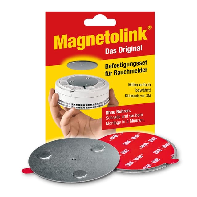Magnetolink, Magnetbefestigungsset für Rauchmelder, Werkzeugfreie Montage mit 3M-Klebepads, Magnethalterung zur sicheren Befestigung ohne Bohren für alle Rauchwarnmelder ab Ø 70 mm