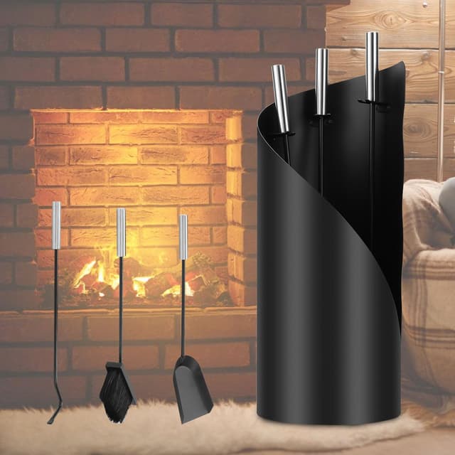 ISOISL Kaminbesteck, 4-teiliges Kaminbesteck Set, Kamingarnitur mit Besen, Schaufel, Eisenhaken, Ständer, Kaminwerkzeug mit Edelstahlgriffe, Kaminzubehör Modern Design, Ofenbesteck Schwarz ‎4 Teilige