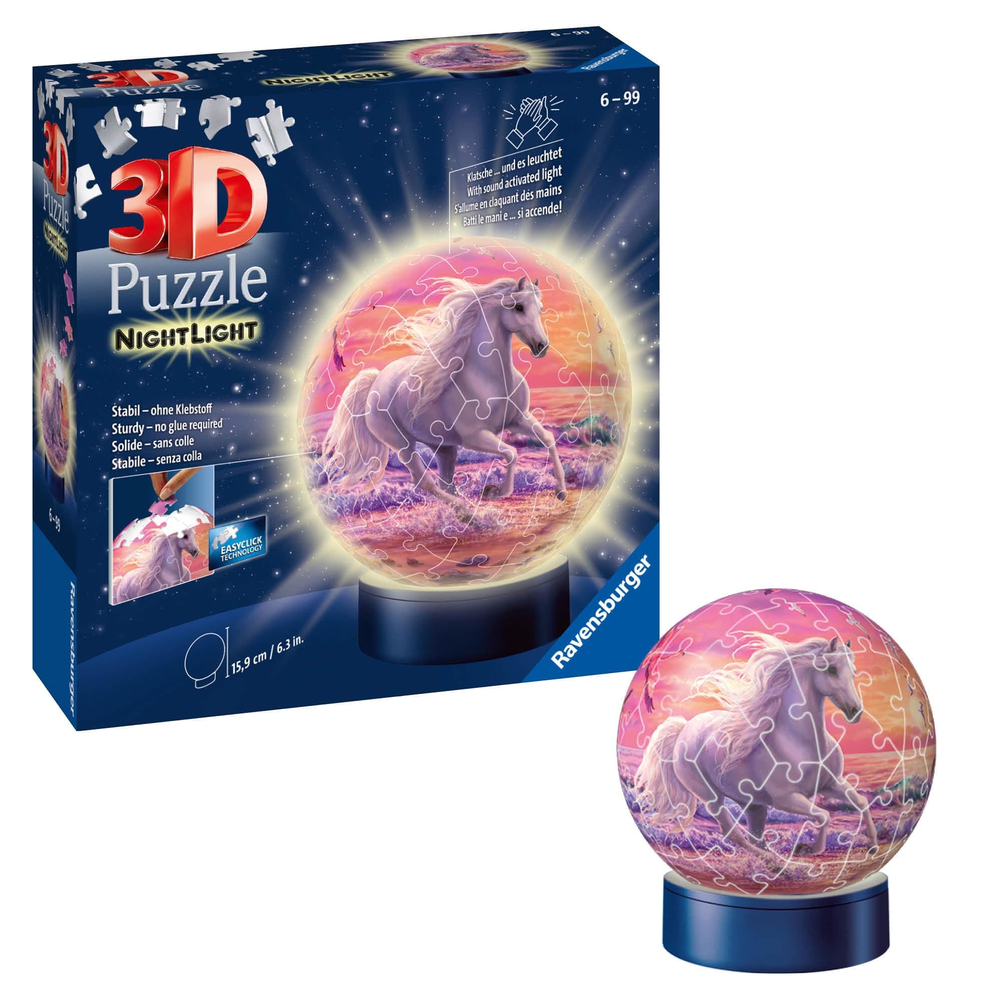 Ravensburger 3D Puzzle 11843 - Nachtlicht Puzzle-Ball Pferde am Strand - ab 6 Jahren, LED Nachttischlampe mit Klatsch-Schalter Single