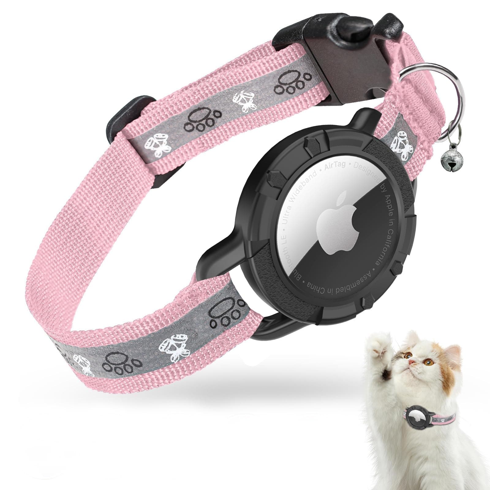 AirTag Katzenhalsband, Reflektierend Air Tag Halsband Katze, GPS Katzenhalsband mit Verstellbares und Glocke, Integriertes Apple Air Tag Katzen Halsband, Geeignet Für Katzen Welpen[Rosa][XS] 7-9 Inch(13-23cm) Rose