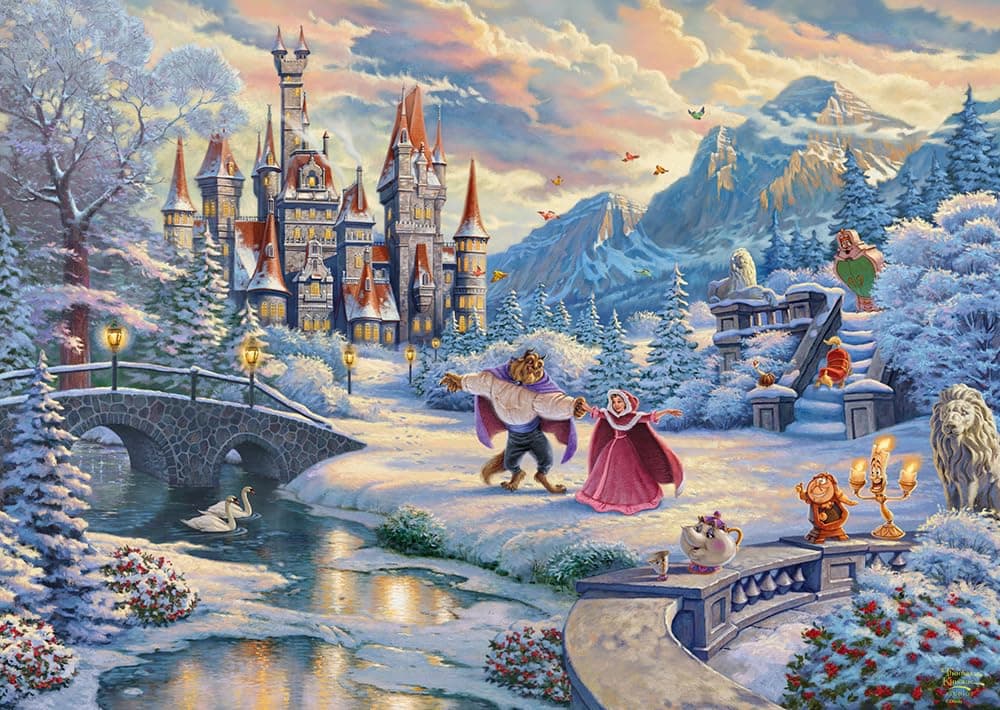 Schmidt Spiele 59671 Thomas Kinkade, Disney, Die Schöne und das Biest, Zauberhafter Winterabend, 1000 Teile Puzzle Single