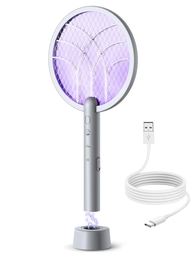 Mosiller Elektrische Fliegenklatsche, 4000V Fliegenklatsche Elektrisch, 2 in 1 USB Insektenvernichter Insektenfalle Elektrisch mit Ladestation, UV Elektrischer Mückenklatsche & Fliegenfänger 1Pack Hellgrau