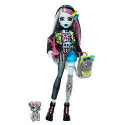 Monster High Frankie Stein-Puppe in Jeansjacke und Shorts, zum Lieferumfang gehören auch Ihr Hund Watzie und Zubehörteile wie EIN Rucksack, EIN Snack und EIN Notizbuch, HXH73 Angebot bei HelloDeals
