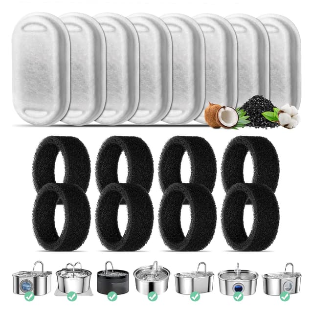 Katzenbrunnen Filter, 8-Pack Ersatzfilter für 108oz/3.2L Edelstahl Katzenbrunnen, 8 Stück Kohlefilter Und 8 Stück Schaumfilter Dreifach-Filterung Filter für 67oz/2L Trinkbrunnen für Katzen und Hunde
