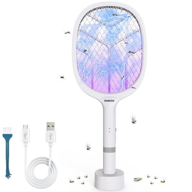 DANGZW Elektische Fliegenklatsche, 4800V Elektrische Fliegenfänger UV mit Ladebasis, 2 in 1 USB Wiederaufladbarer Fliegenklatsche Elektrisch, Elektrischer Mückenklatsche für Fliegen Mücken Bienen 1 Stück