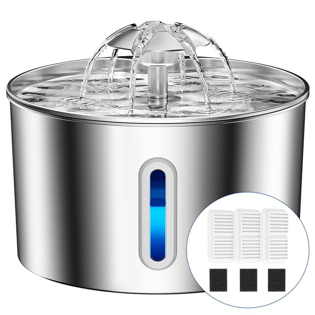 BalimoPet Katzenbrunnen Edelstahl, 2,2L Superleise Trinkbrunnen für Katze mit Kabel, Einfach zu Reinigen, Katzen Trinkbrunnen mit Vierfaches Filtersystem & LED-Licht, mit 3 Aktivkohlefilter Edelstahl-3 Filter + 3 Schwamm