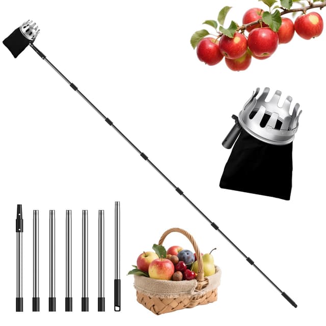 FLORA GUARD 2,9 M Obstpflücker,⌀13cm Pflücksack mit Klinge, schnelleres Pflücken für Kirschen, Äpfel ohne Leiter (7-teilig, rostfrei) K1034-DE