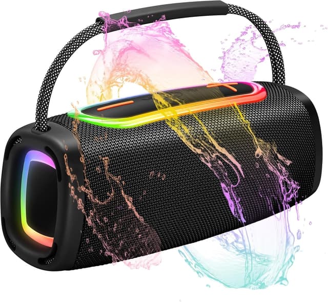 Tragbarer Bluetooth Lautsprecher mit Griff, 66MM Sprecherdurchmesser, BT5.3/24W/IP-X6 Wasserdicht Drahtloser Stereo-Kopplungslautsprecher mit RGB Multi-Color-Rhythmus-Lichter für Zuhause/Outdoor/Party Schwarz