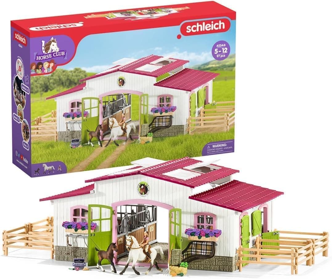 SCHLEICH Horse Club | Reiterhof mit Reiterin und Pferden 42344 | Set inkl. Mädchenfigur, 2 Pferden & Zubehör | tolles Geschenk für Kinder | Spielzeug ab 5 Jahren | 97 Teile | exklusiv bei Amazon neue Verpackung Single