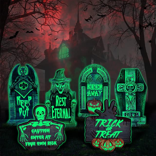 Jojoin 6 Stück Halloween Grabsteine Deko - Fluoreszierend Plastik RIP Grabstein Requisiten für den Friedhof - Wellpappen Yard Schilder für Halloween-Party Spukhaus und Rasen im Freien Dekoration