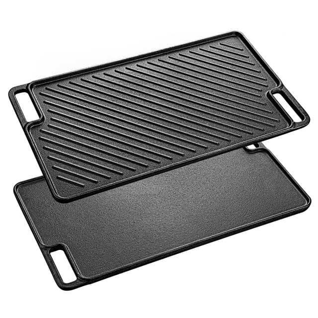 Velaze Grillplatte Gusseisen, Grillpfanne Doppelseitig Verwendbar, Hochwertige Bratplatte aus Gusseisen für Fleisch und kleine Grillstücke, Für Gasgrill, Kohlegrill & Elektrogrill - 45.5 x 26cm Schwarz Grillplatte