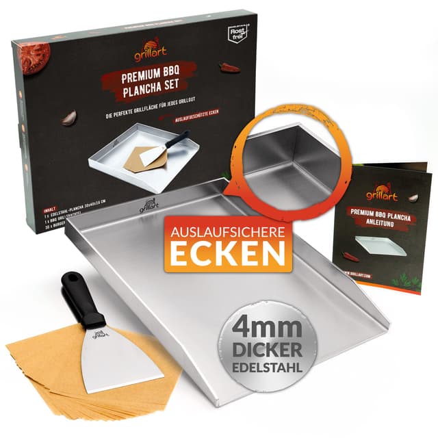 grillart® Premium Plancha Grillplatte mit Grillspachtel aus massiven 4mm Edelstahl, 30x40cm Universalgröße auch Induktion geeignet, Spülmaschinenfest und rostfrei (30x40cm - mit geschlossenen Ecken)