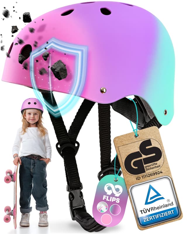 99FLIPS Skaterhelm Kinder & Jugendliche - GS Zertifiziert durch TÜV Rheinland - Ab 3 Jahren - Kinderhelm von Deutscher Marke - Scooter Helm XS - 48-54 cm - Kinder TRICOLOR