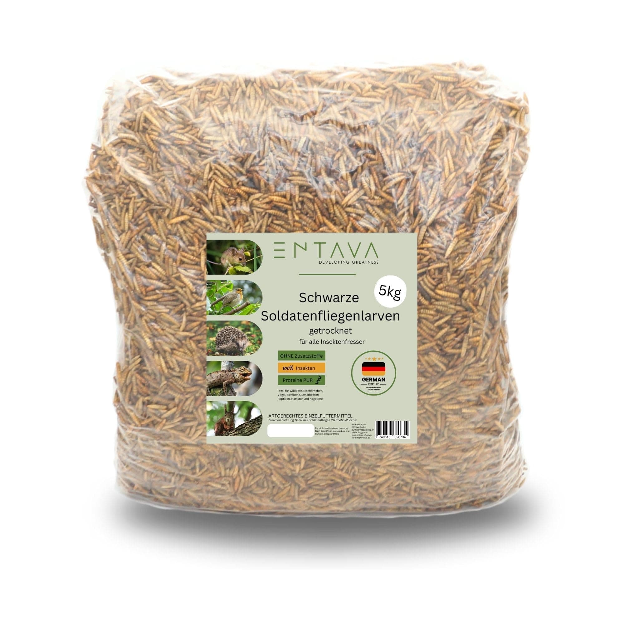 ENTAVA 5kg Soldatenfliegenlarven getrocknet in Premium-Qualität, Vogelfutter, Koifutter, Igelfutter, Eichhörnchenfutter, ganzjähriges Futter für Wildvögel