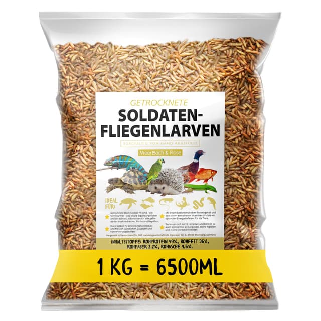 Soldatenfliegenlarven getrocknet 1kg (entspricht 6,5 Litern), Black Soldier Flys, Vogelfutter, Igelfutter mit Insekten, Fischfutter, proteinreicher Snack für Reptilien und Schildkröten