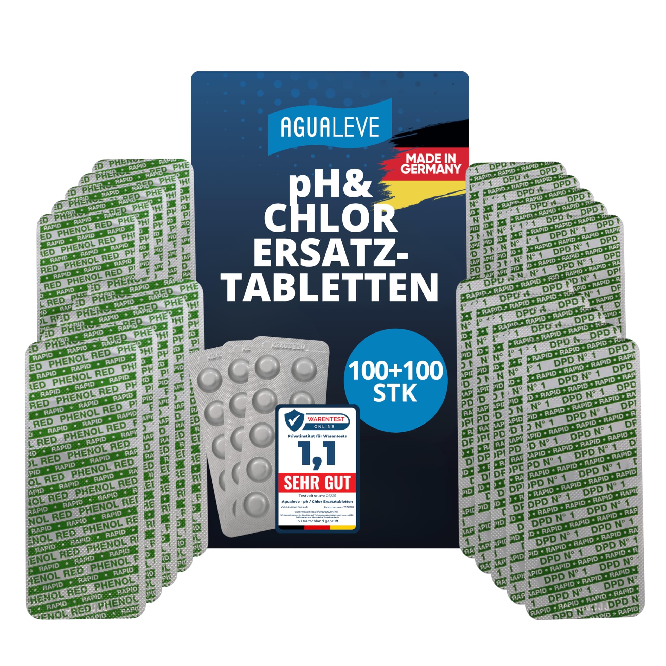 AGUALEVE® 200 Rapid Pool Testtabletten | 100x pH-Wert (Phenol red) + 100x freies Chlor (DDP1) | für Poolwasser-Schütteltest | Markenqualität Made in Germany | mit gratis digitalem Poolpflegeguide 100x pH-Wert + 100x freies Chlor