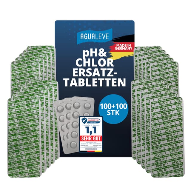AGUALEVE® 200 Rapid Pool Testtabletten | 100x pH-Wert (Phenol red) + 100x freies Chlor (DDP1) | für Poolwasser-Schütteltest | Markenqualität Made in Germany | mit gratis digitalem Poolpflegeguide 100x pH-Wert + 100x freies Chlor